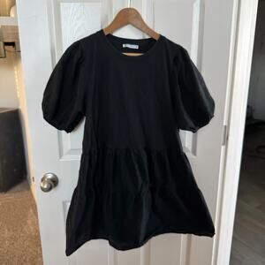 zara women’s black puff sleeve tiered babydoll mini dress cotton size xl